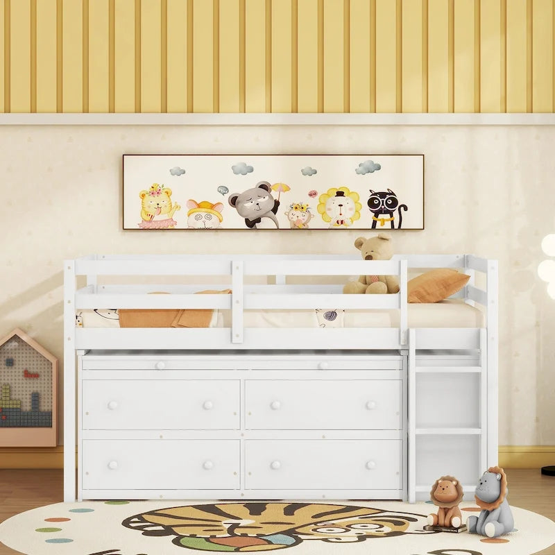 Twin Size Loft Bed w/ Retractable Writing Desk & 4 Drawers, Wooden Loft Bed w/ Lateral Portable Desk and Shelves, White
