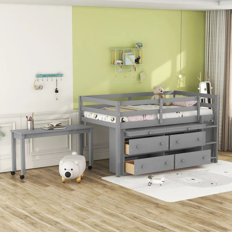 Twin Size Loft Bed w/ Retractable Writing Desk & 4 Drawers, Wooden Loft Bed w/ Lateral Portable Desk and Shelves, White