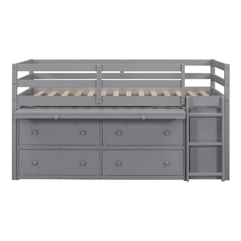 Twin Size Loft Bed w/ Retractable Writing Desk & 4 Drawers, Wooden Loft Bed w/ Lateral Portable Desk and Shelves, White
