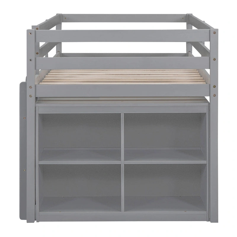 Twin Size Loft Bed w/ Retractable Writing Desk & 4 Drawers, Wooden Loft Bed w/ Lateral Portable Desk and Shelves, White
