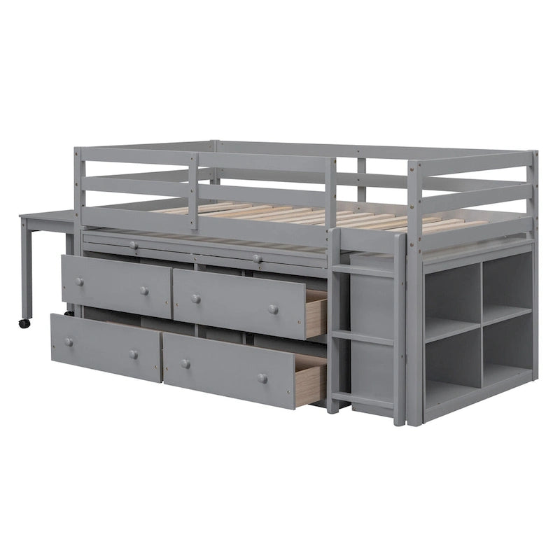 Twin Size Loft Bed w/ Retractable Writing Desk & 4 Drawers, Wooden Loft Bed w/ Lateral Portable Desk and Shelves, White