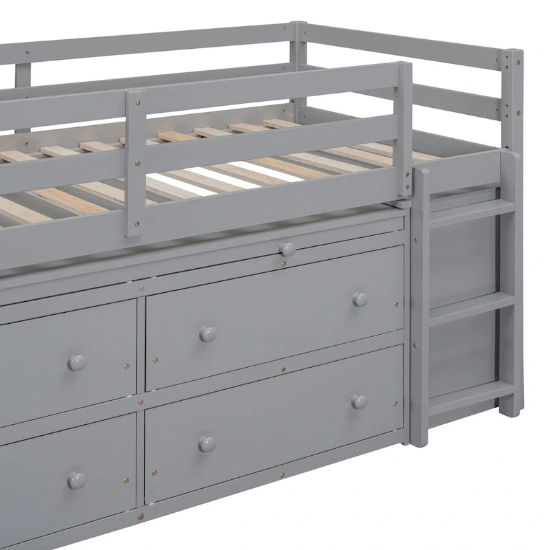 Twin Size Loft Bed w/ Retractable Writing Desk & 4 Drawers, Wooden Loft Bed w/ Lateral Portable Desk and Shelves, White