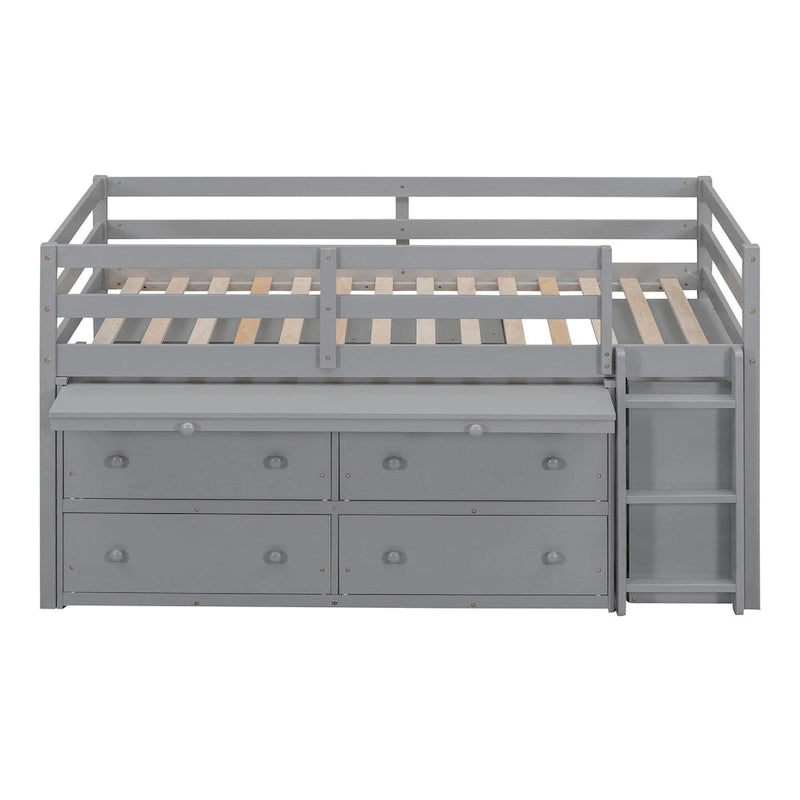 Twin Size Loft Bed w/ Retractable Writing Desk & 4 Drawers, Wooden Loft Bed w/ Lateral Portable Desk and Shelves, White