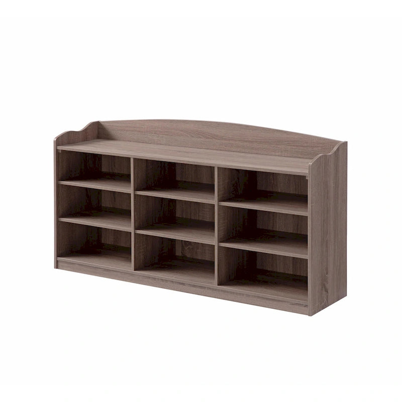 Hale Shoe Bench, 48 Inch Top, 9 Open Compartments, Taupe Brown Finish