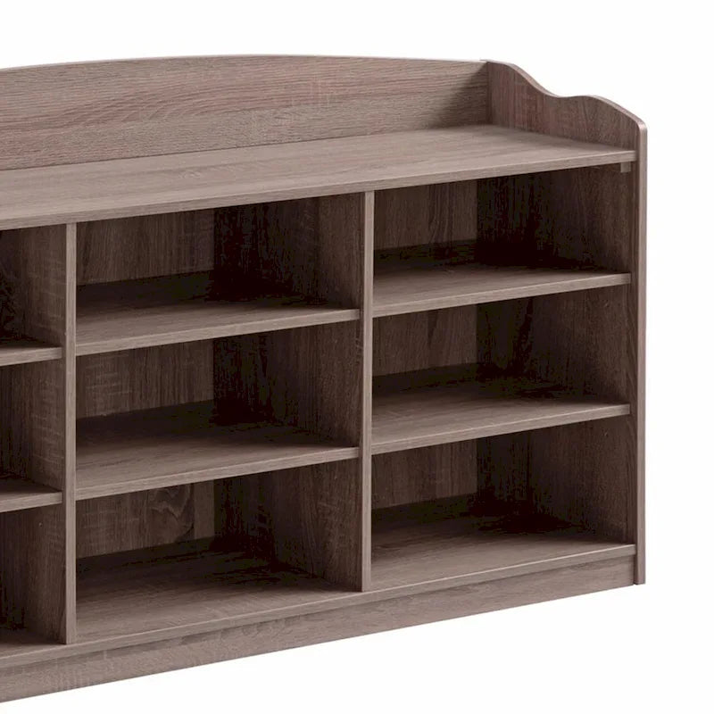 Hale Shoe Bench, 48 Inch Top, 9 Open Compartments, Taupe Brown Finish