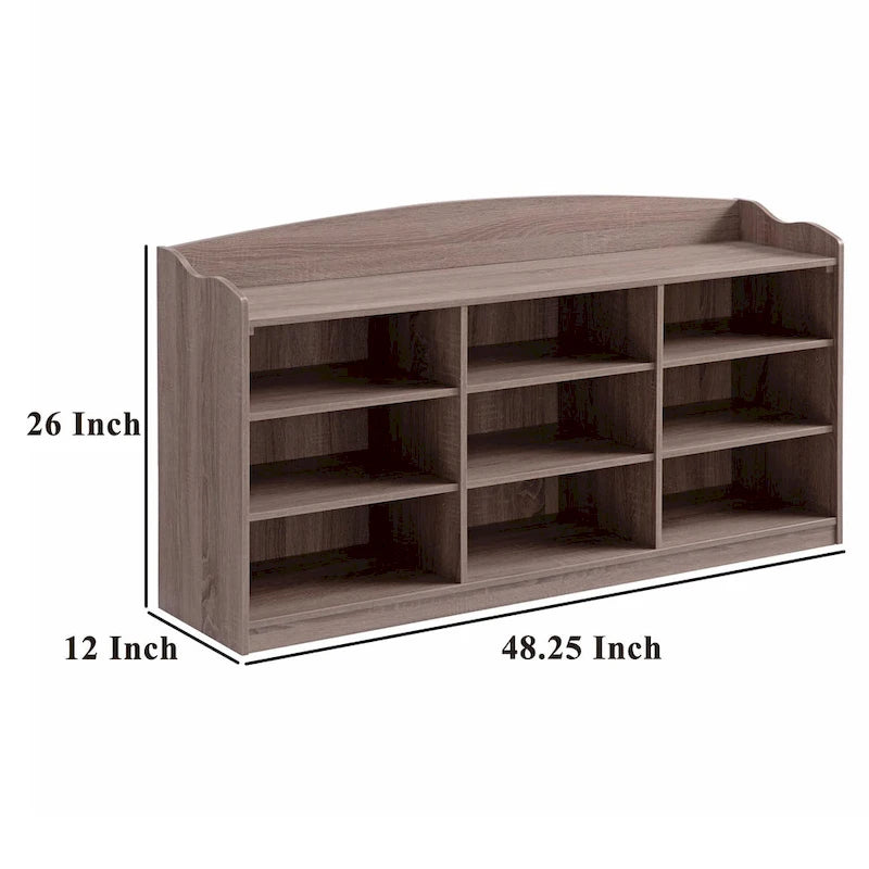 Hale Shoe Bench, 48 Inch Top, 9 Open Compartments, Taupe Brown Finish