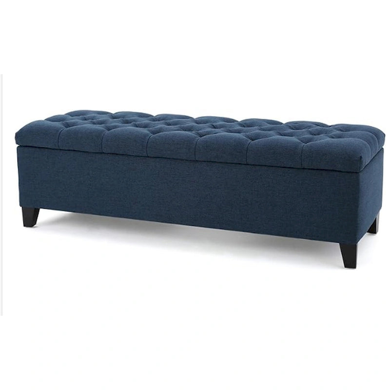 Elias Storage Bench, 51 Inch Button Tufted Blue Velvet, Solid Wood