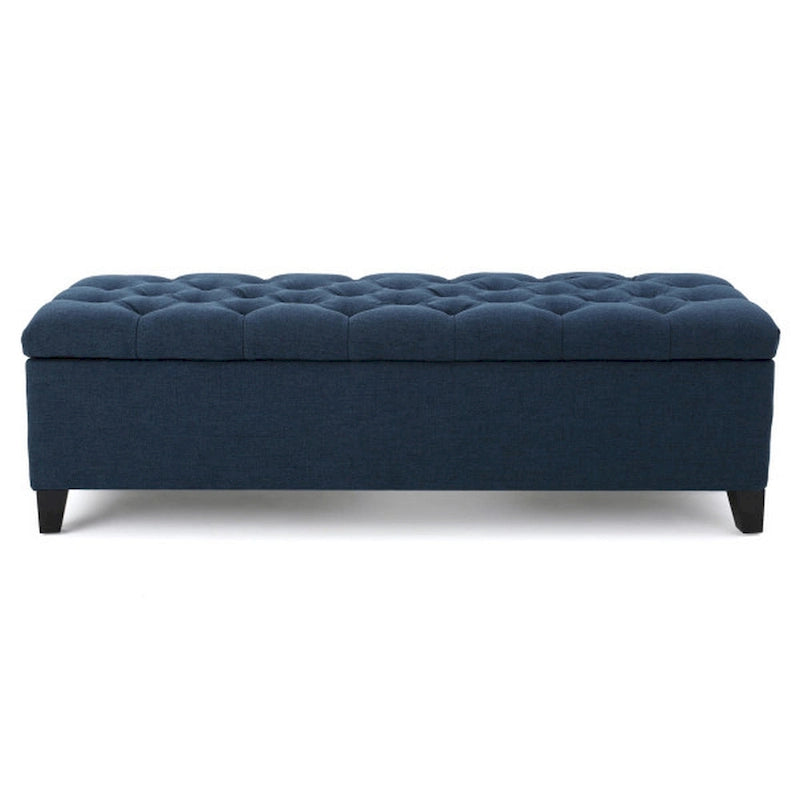 Elias Storage Bench, 51 Inch Button Tufted Blue Velvet, Solid Wood