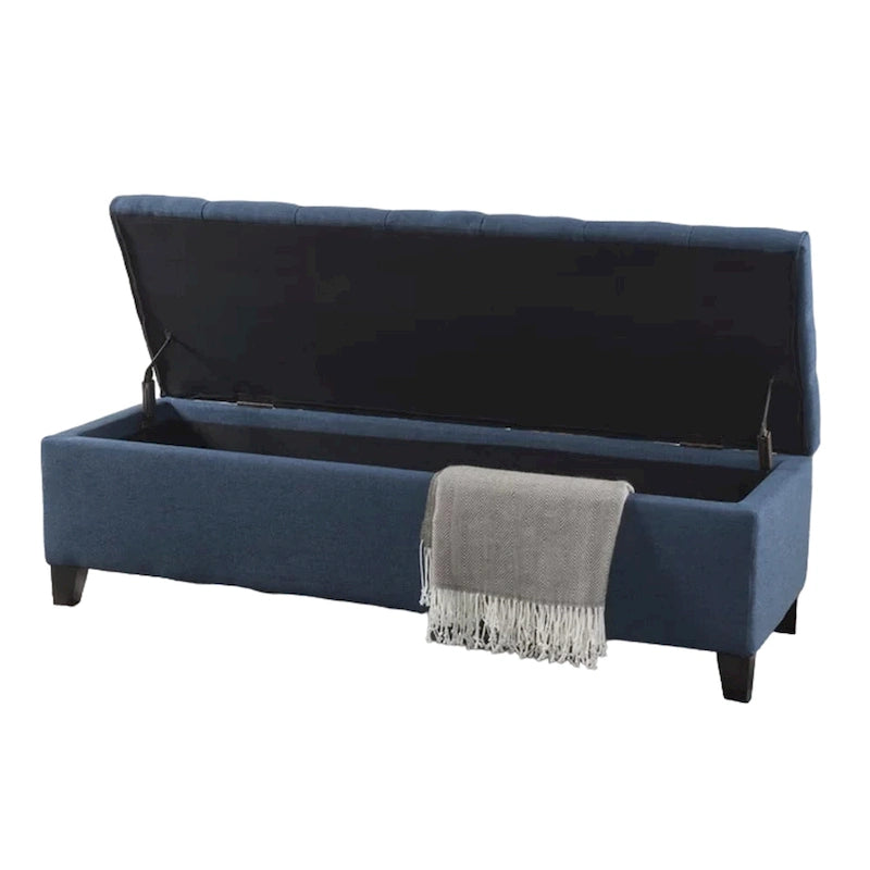 Elias Storage Bench, 51 Inch Button Tufted Blue Velvet, Solid Wood