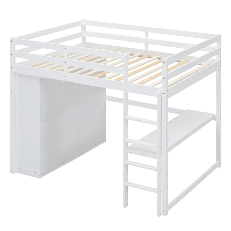 Wood Full Size Loft Bed w/Built-in Wardrobe, Desk, Storage Shelves