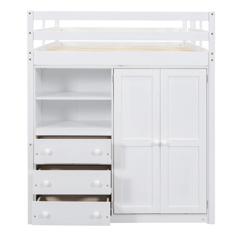 Wood Full Size Loft Bed w/Built-in Wardrobe, Desk, Storage Shelves
