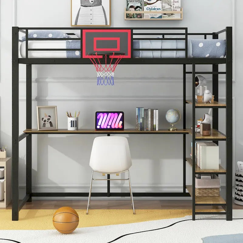 Twin Size Metal Loft Bed with Shelves, Desk and Basketball Hoop