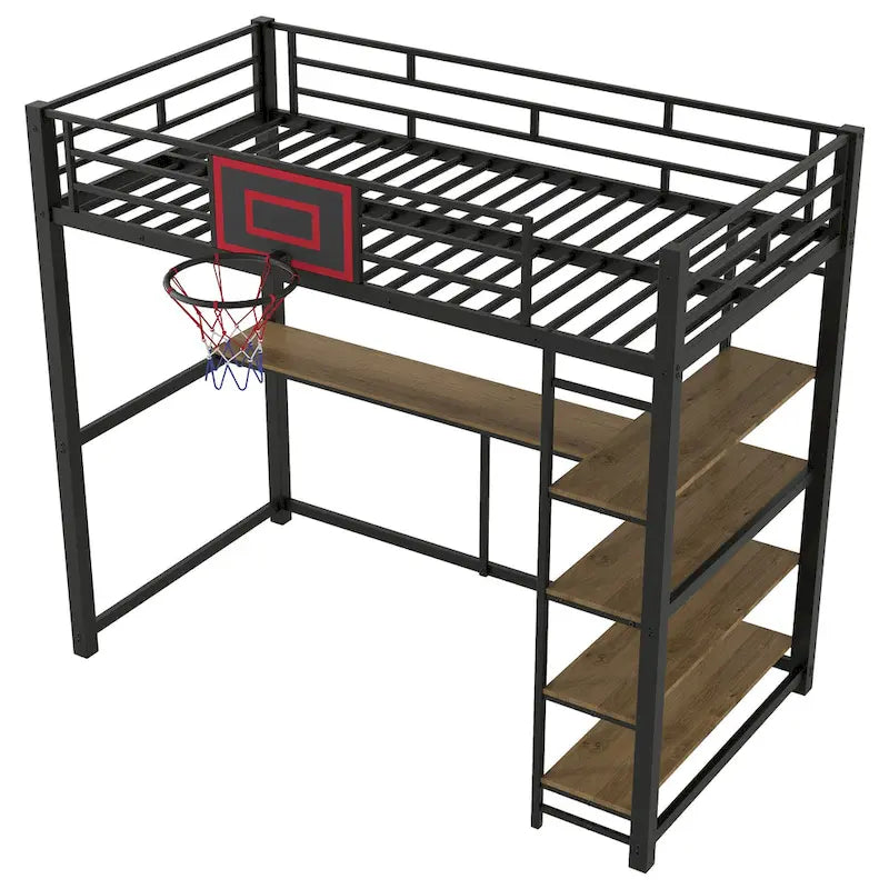 Twin Size Metal Loft Bed with Shelves, Desk and Basketball Hoop