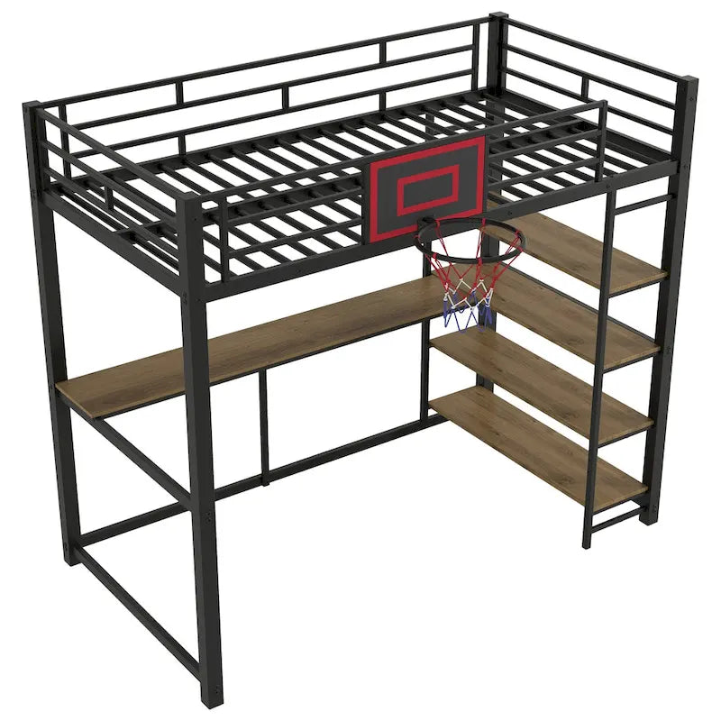 Twin Size Metal Loft Bed with Shelves, Desk and Basketball Hoop