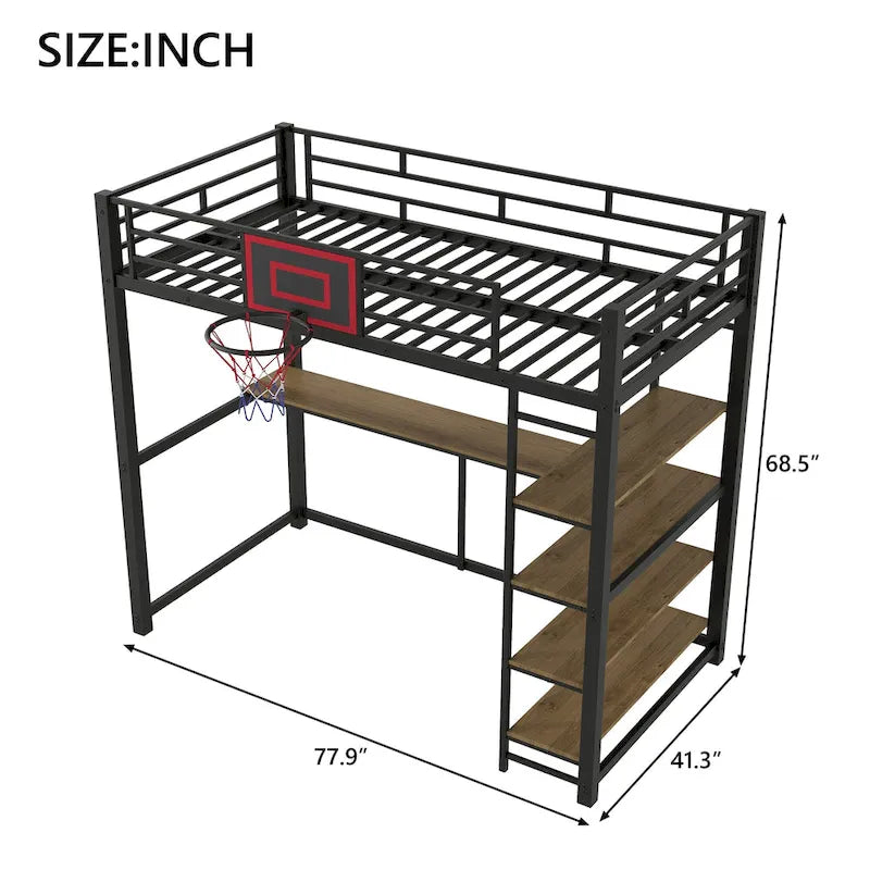 Twin Size Metal Loft Bed with Shelves, Desk and Basketball Hoop