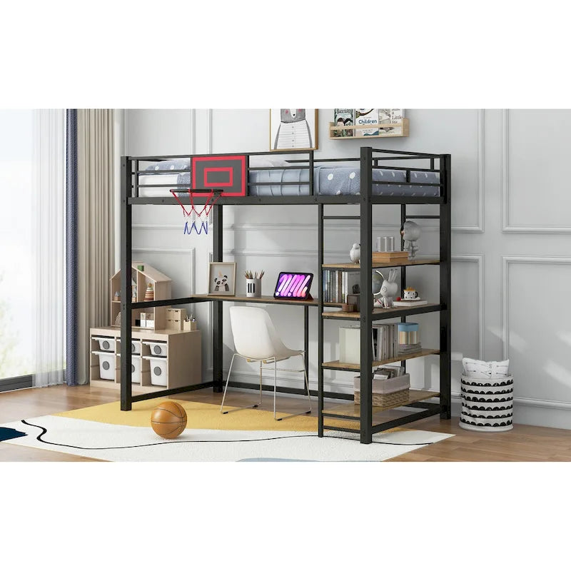 Twin Size Metal Loft Bed with Shelves, Desk and Basketball Hoop