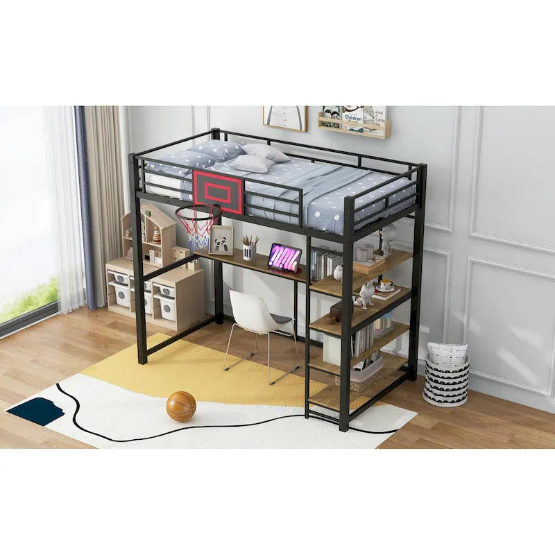 Twin Size Metal Loft Bed with Shelves, Desk and Basketball Hoop