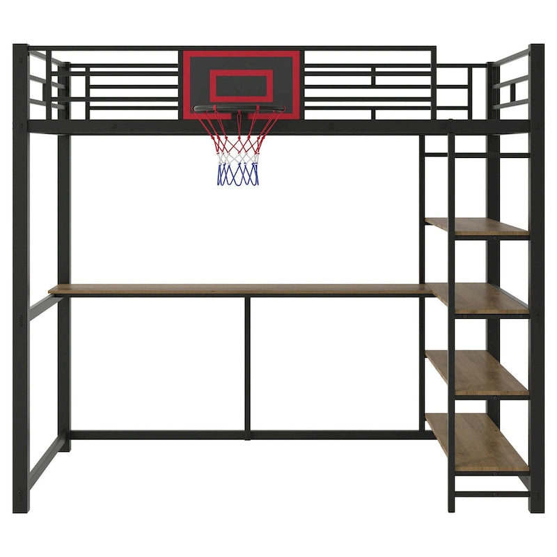 Twin Size Metal Loft Bed with Shelves, Desk and Basketball Hoop