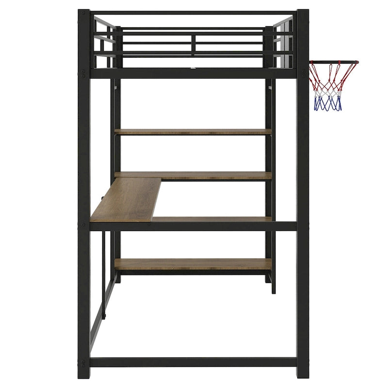 Twin Size Metal Loft Bed with Shelves, Desk and Basketball Hoop