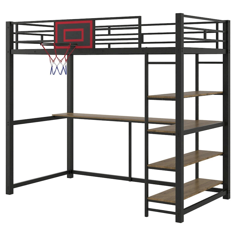 Twin Size Metal Loft Bed with Shelves, Desk and Basketball Hoop