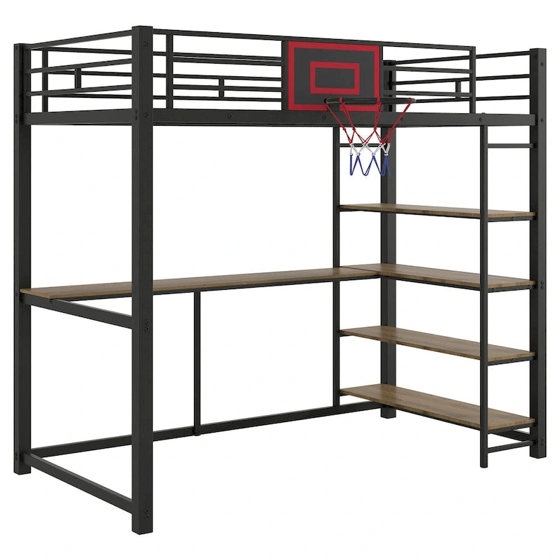 Twin Size Metal Loft Bed with Shelves, Desk and Basketball Hoop