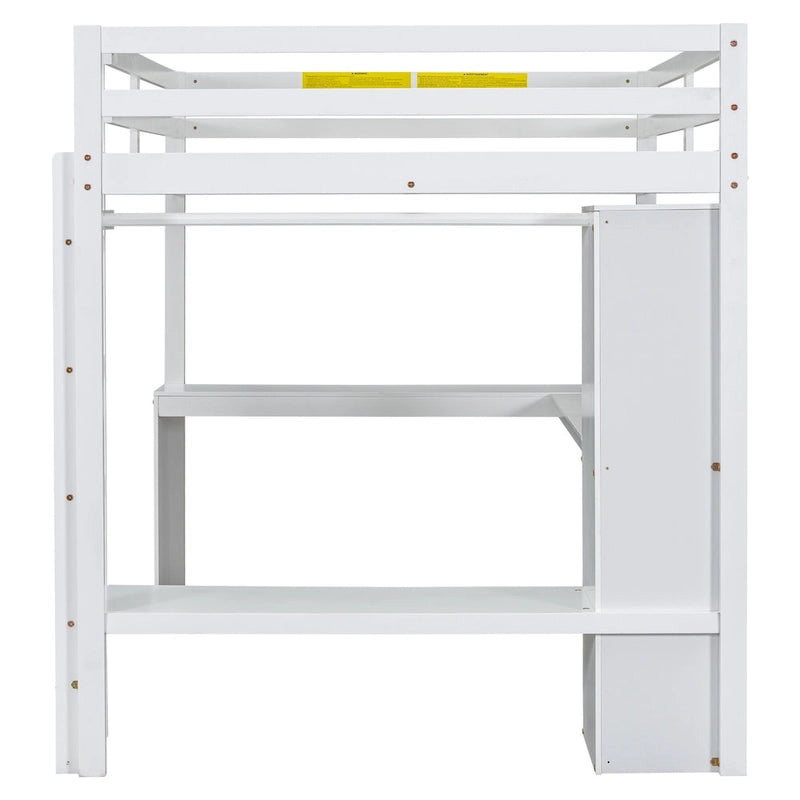 Full Size Loft Bed with L-shaped Desk, Wardrobe and Storage Shelves
