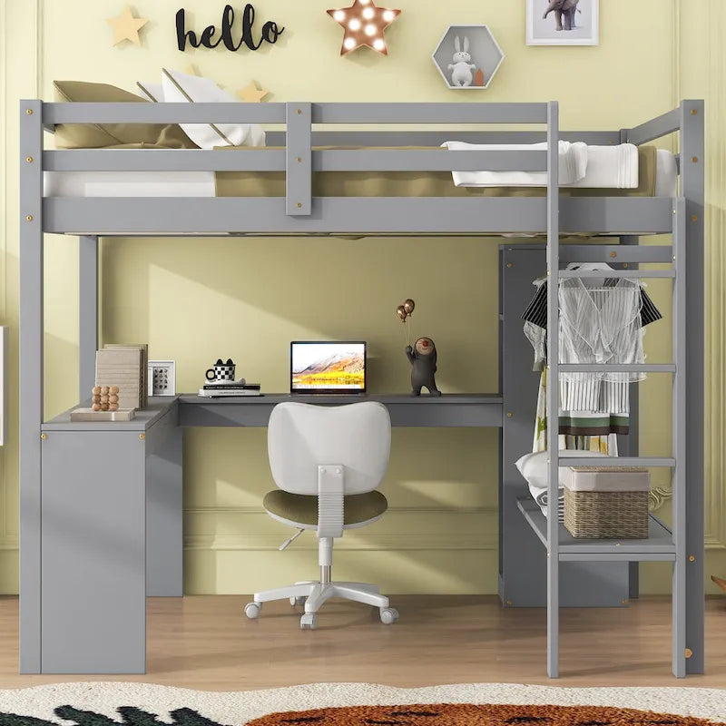Full Size Loft Bed with L-shaped Desk, Wardrobe and Storage Shelves