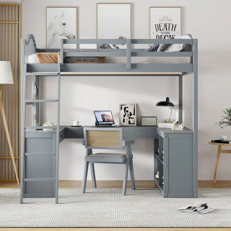 Full Wooden Loft Bed with U-shaped Desk,Storage Compartments and Tri-fold Mirror, Gray