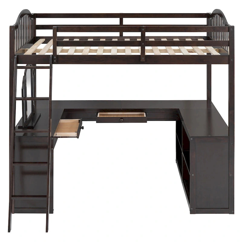 Full Wooden Loft Bed with U-shaped Desk,Storage Compartments and Tri-fold Mirror, Gray