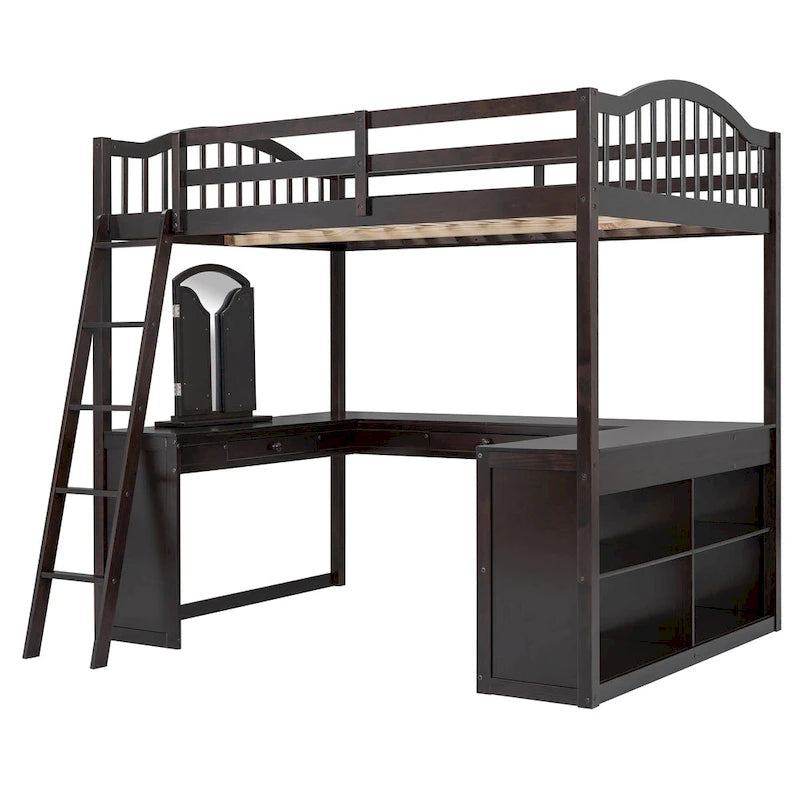 Full Wooden Loft Bed with U-shaped Desk,Storage Compartments and Tri-fold Mirror, Gray
