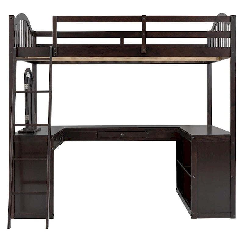 Full Wooden Loft Bed with U-shaped Desk,Storage Compartments and Tri-fold Mirror, Gray