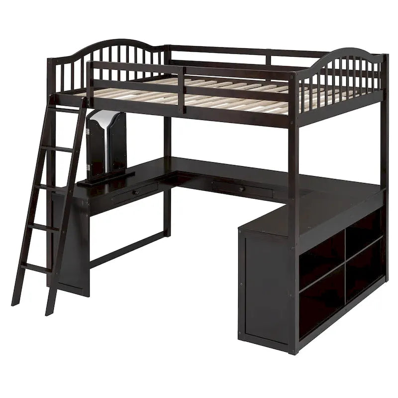 Full Wooden Loft Bed with U-shaped Desk,Storage Compartments and Tri-fold Mirror, Gray