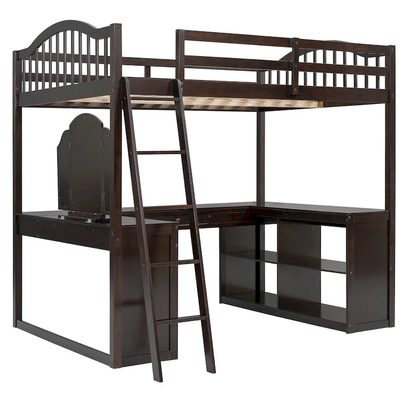 Full Wooden Loft Bed with U-shaped Desk,Storage Compartments and Tri-fold Mirror, Gray