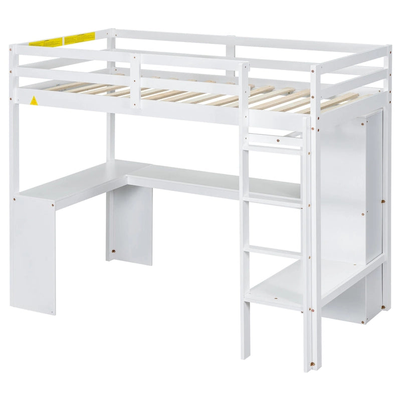 Twin Size Loft Bed with L-shaped Desk, Wardrobe and Storage Shelves, Grey
