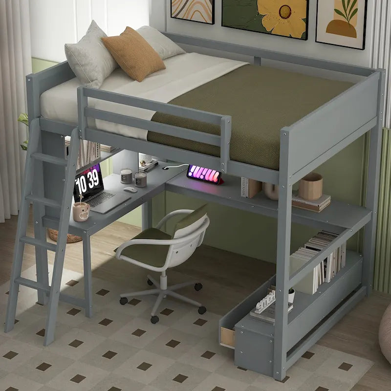 Full Size Loft Bed with L-shaped Multi-storage Desk, LED light & USB Charging Station, Wooden Loft Bed Storage Bench w/2 Drawers