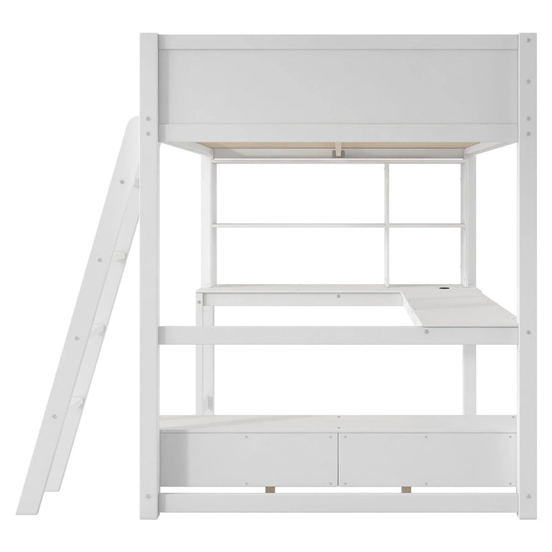 Full Size Loft Bed with L-shaped Multi-storage Desk, LED light & USB Charging Station, Wooden Loft Bed Storage Bench w/2 Drawers
