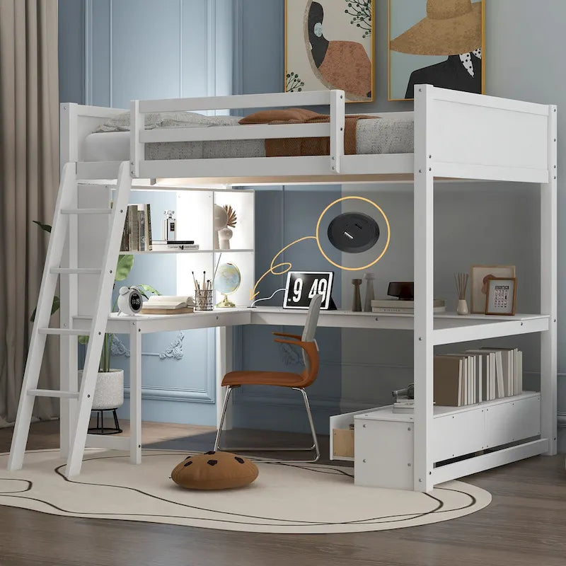 Full Size Loft Bed with L-shaped Multi-storage Desk, LED light & USB Charging Station, Wooden Loft Bed Storage Bench w/2 Drawers