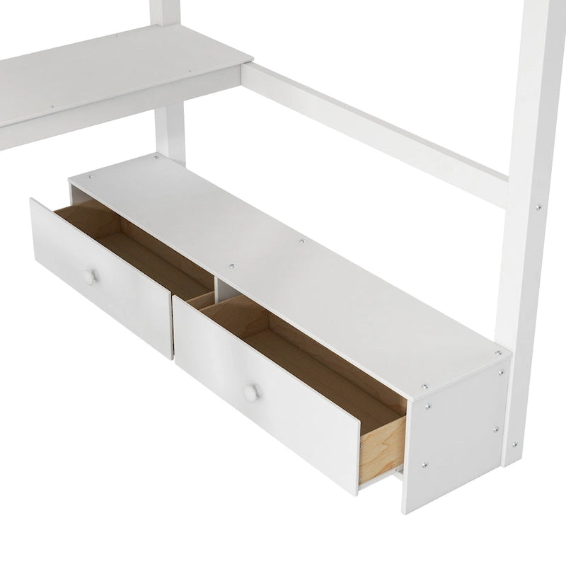 Full Size Loft Bed with L-shaped Multi-storage Desk, LED light & USB Charging Station, Wooden Loft Bed Storage Bench w/2 Drawers