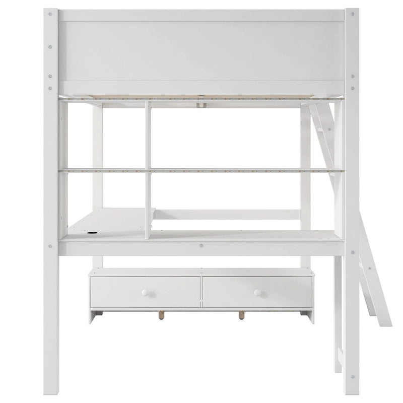 Full Size Loft Bed with L-shaped Multi-storage Desk, LED light & USB Charging Station, Wooden Loft Bed Storage Bench w/2 Drawers