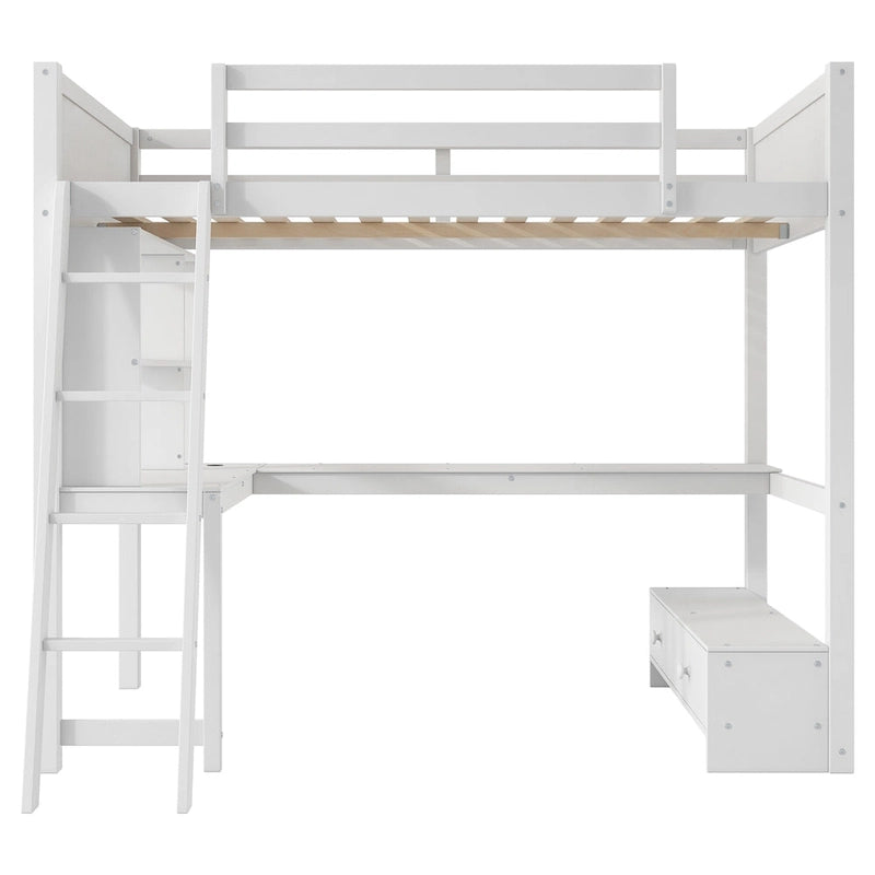 Full Size Loft Bed with L-shaped Multi-storage Desk, LED light & USB Charging Station, Wooden Loft Bed Storage Bench w/2 Drawers