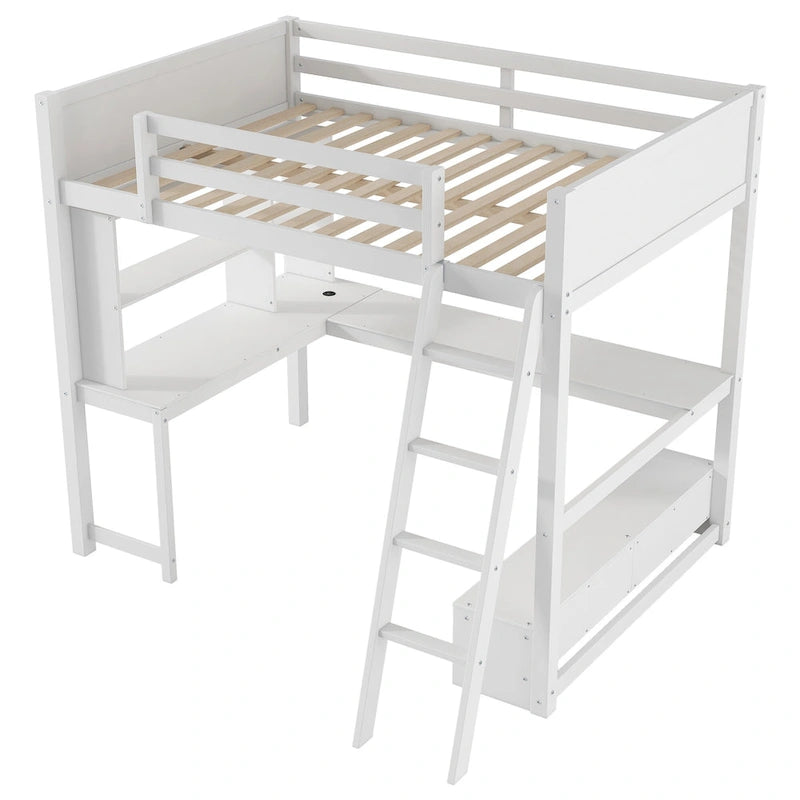 Full Size Loft Bed with L-shaped Multi-storage Desk, LED light & USB Charging Station, Wooden Loft Bed Storage Bench w/2 Drawers