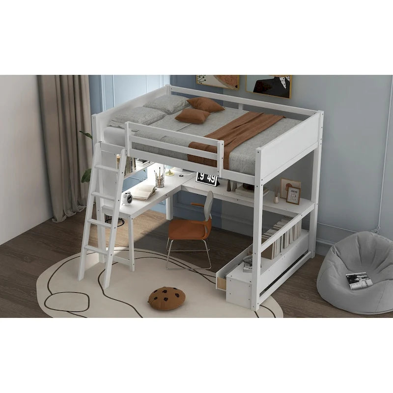 Full Size Loft Bed with L-shaped Multi-storage Desk, LED light & USB Charging Station, Wooden Loft Bed Storage Bench w/2 Drawers