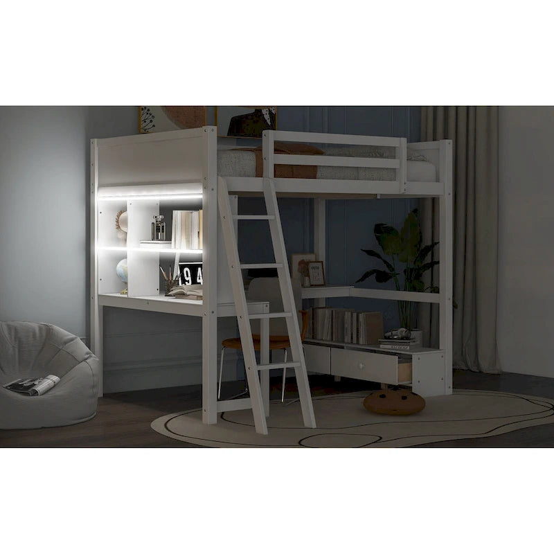 Full Size Loft Bed with L-shaped Multi-storage Desk, LED light & USB Charging Station, Wooden Loft Bed Storage Bench w/2 Drawers