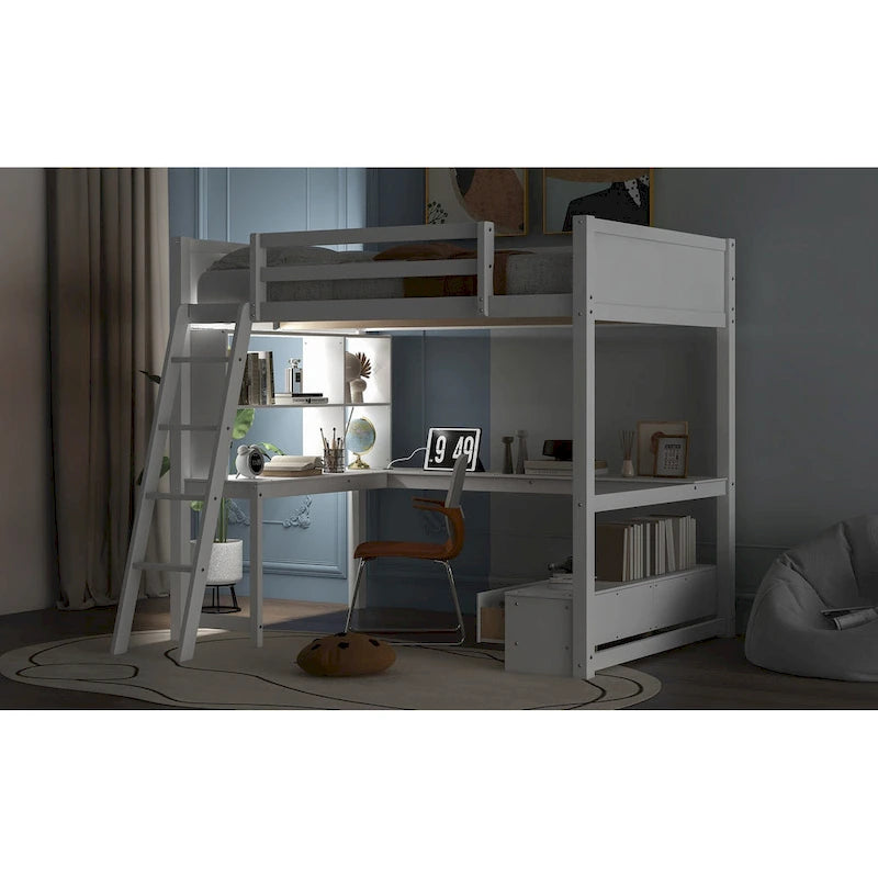 Full Size Loft Bed with L-shaped Multi-storage Desk, LED light & USB Charging Station, Wooden Loft Bed Storage Bench w/2 Drawers