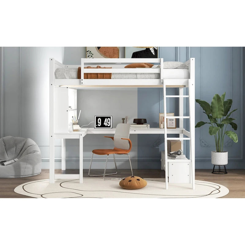 Full Size Loft Bed with L-shaped Multi-storage Desk, LED light & USB Charging Station, Wooden Loft Bed Storage Bench w/2 Drawers