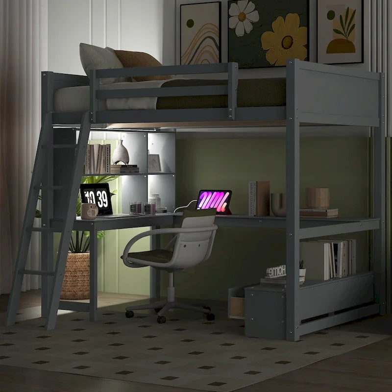 Full Size Loft Bed with L-shaped Multi-storage Desk, LED light & USB Charging Station, Wooden Loft Bed Storage Bench w/2 Drawers