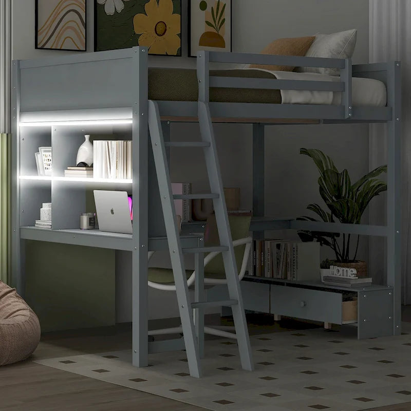Full Size Loft Bed with L-shaped Multi-storage Desk, LED light & USB Charging Station, Wooden Loft Bed Storage Bench w/2 Drawers
