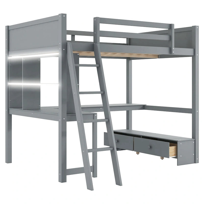 Full Size Loft Bed with L-shaped Multi-storage Desk, LED light & USB Charging Station, Wooden Loft Bed Storage Bench w/2 Drawers