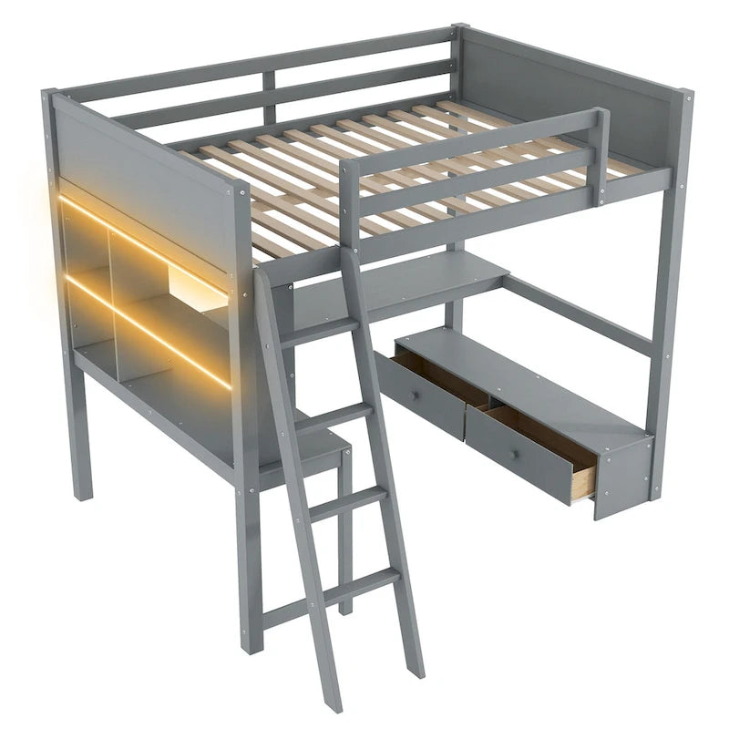 Full Size Loft Bed with L-shaped Multi-storage Desk, LED light & USB Charging Station, Wooden Loft Bed Storage Bench w/2 Drawers