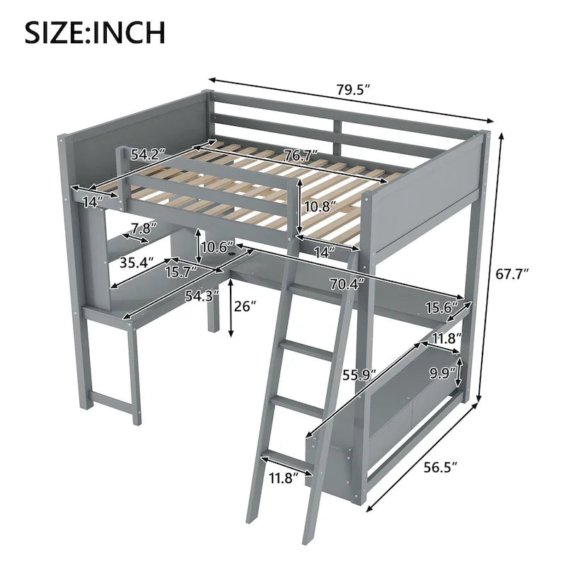 Full Size Loft Bed with L-shaped Multi-storage Desk, LED light & USB Charging Station, Wooden Loft Bed Storage Bench w/2 Drawers